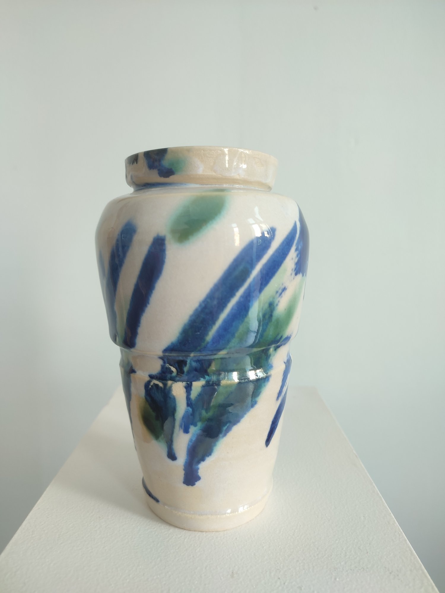 Small White Vase with Blue & Green Diagonal Brushstrokes - Image 5