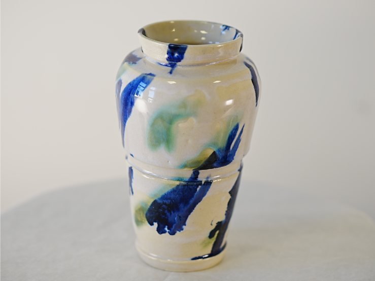 Small White Vase with Blue & Green Diagonal Brushstrokes - Image 3