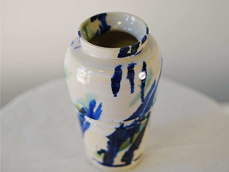 Small White Vase with Blue & Green Diagonal Brushstrokes - Image 2