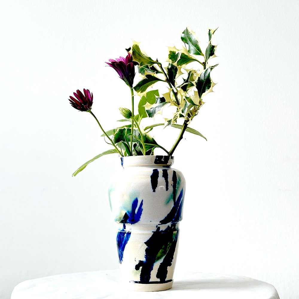 Small White Vase with Blue & Green Diagonal Brushstrokes - Image 4