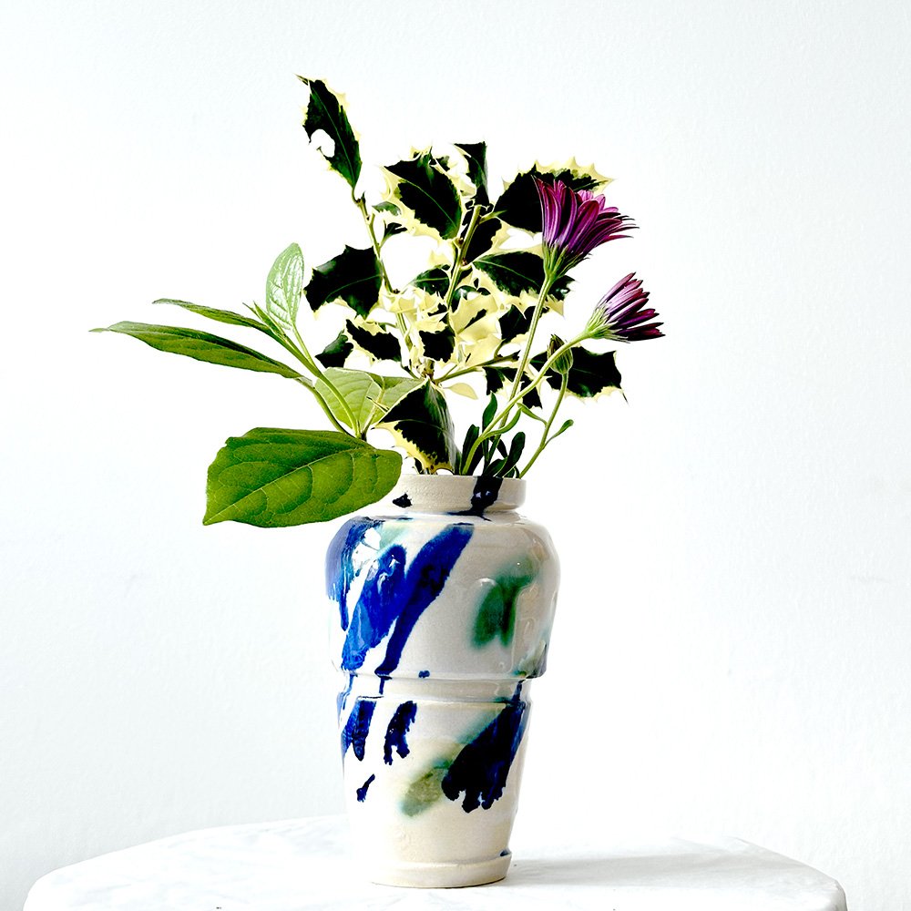 Small White Vase with Blue & Green Diagonal Brushstrokes - Image 3