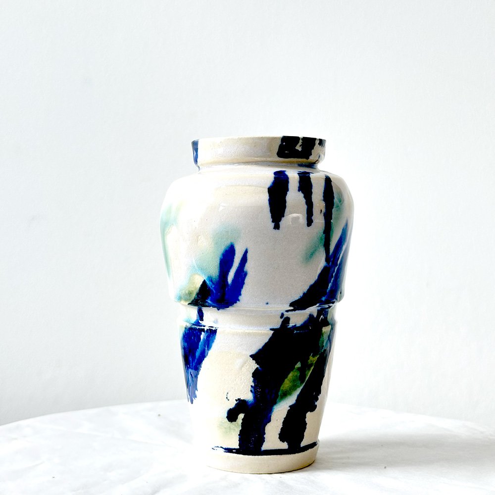 Small White Vase with Blue & Green Diagonal Brushstrokes - Image 2