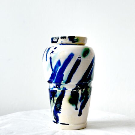 Small White Vase with Blue & Green Diagonal Brushstrokes