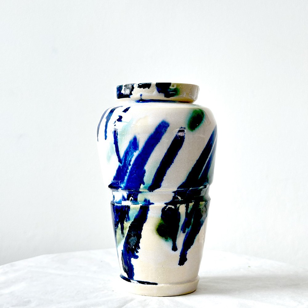 Small White Vase with Blue & Green Diagonal Brushstrokes