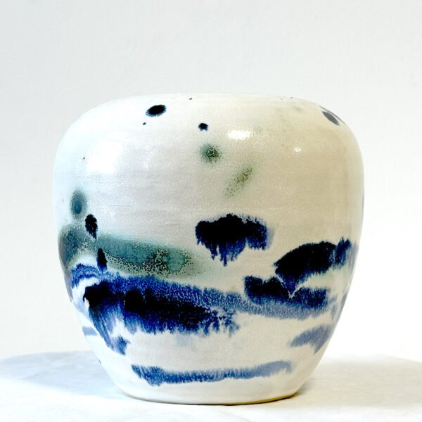 Bulbous White Vase with Blue & Green Glaze